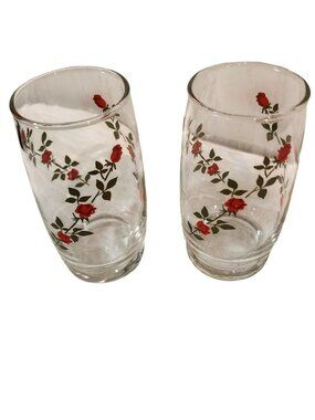 2 Vintage Anchor Hocking Glass Tumbler Climbing Red Roses and Green Vine